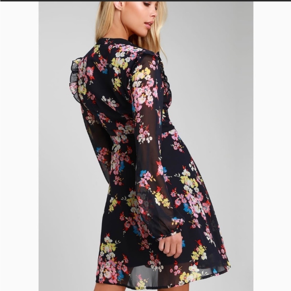 Lulu’s In the Flowers Navy Blue Floral Print Long Sleeve Skater Dress XL - Picture 3 of 12